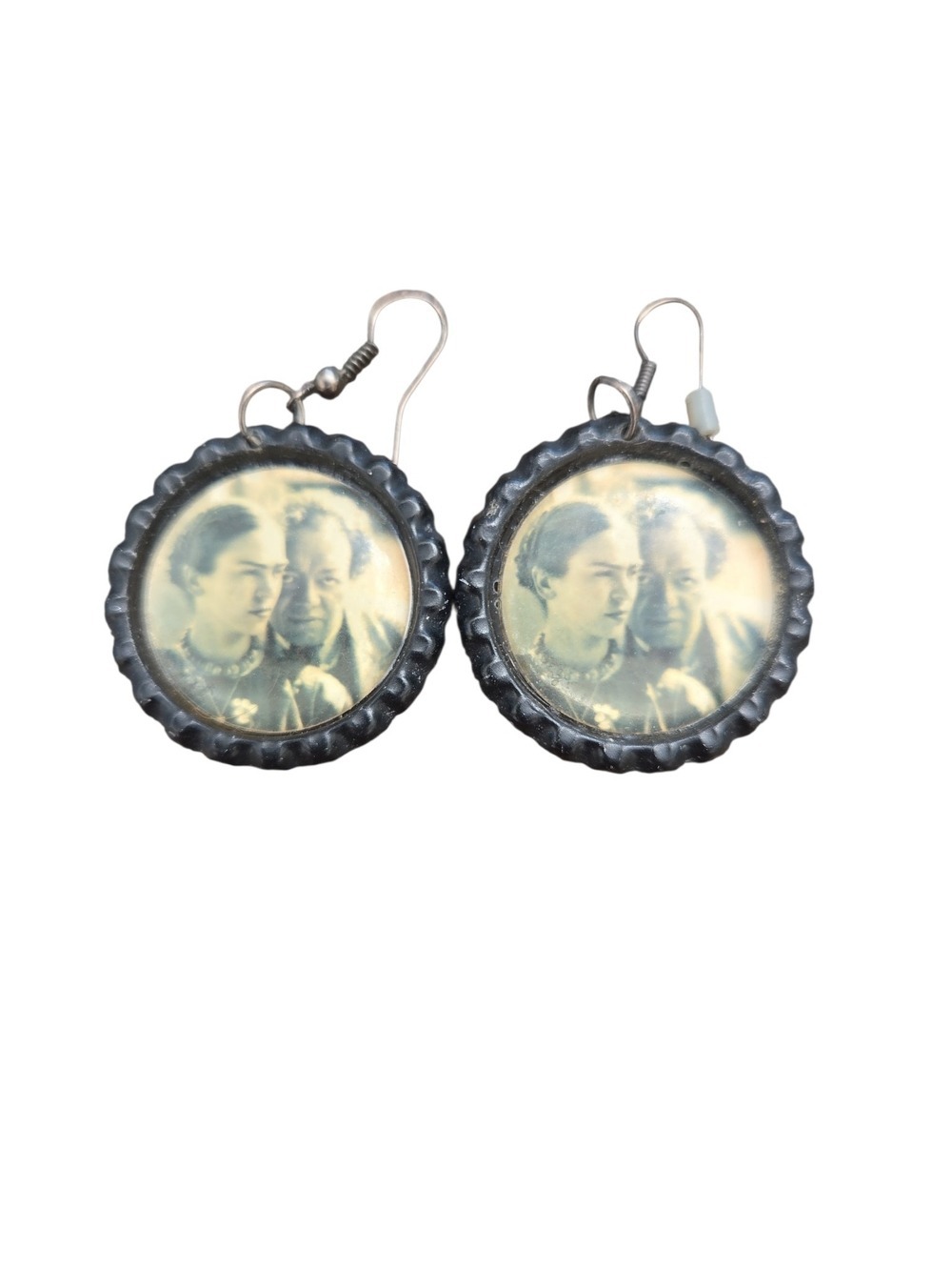 Frida Kahlo Photo Bottle Cap Drop Earrings in Black